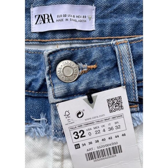 NWT Zara Blue & White Color Block Distressed Button Fly Denim Shorts, Size 0 - Picture 11 of 12